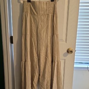 Rewash Cream & White Tie Waist Tiered Wide Leg Pants
